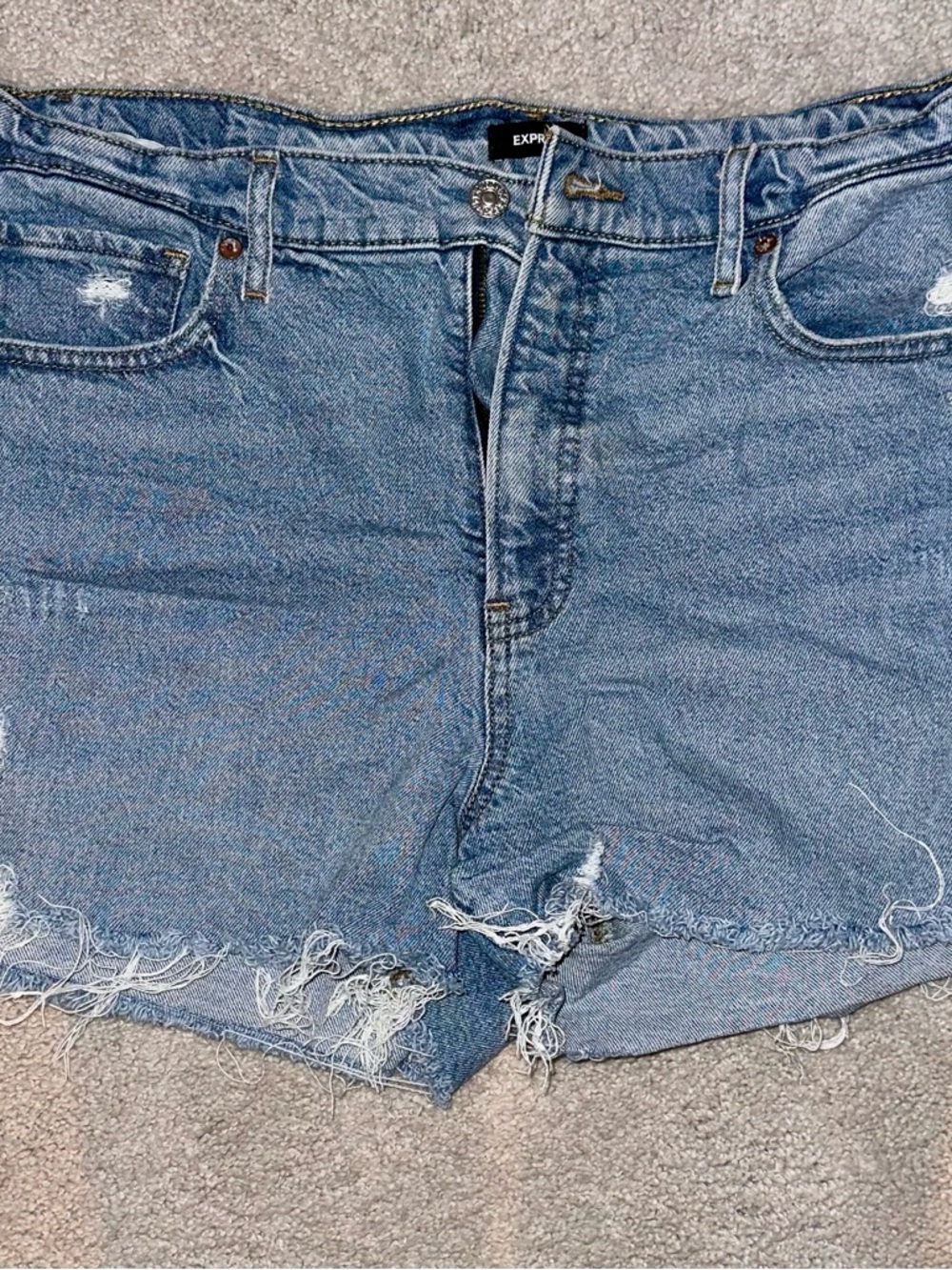 Express Women’s Distressed Denim Jean Shorts in Light Blue